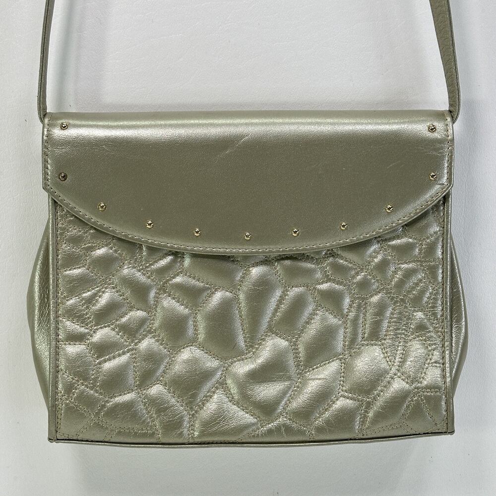 Vtg Charles Jourdan Purse S Metal Pewter Gold Studs Quilted Leather Shoulder Bag